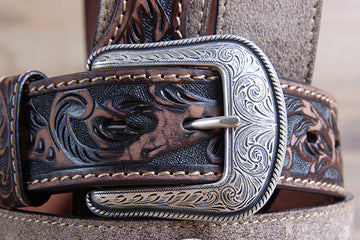 M&F Western Men's Tooled Brown Tan Suede Western Belt Star Conchos Silver Buckle